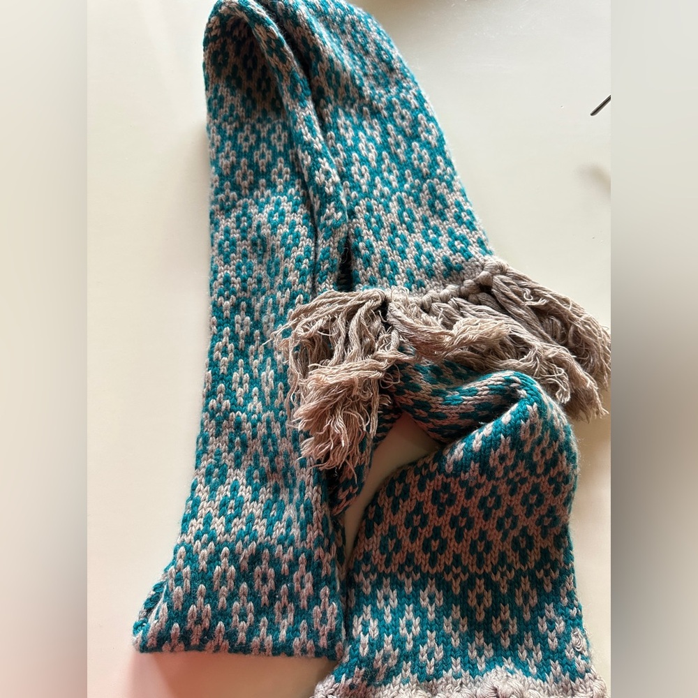 Portolano Hand Knit Cashmere Bland Scarf in Teal and Beige